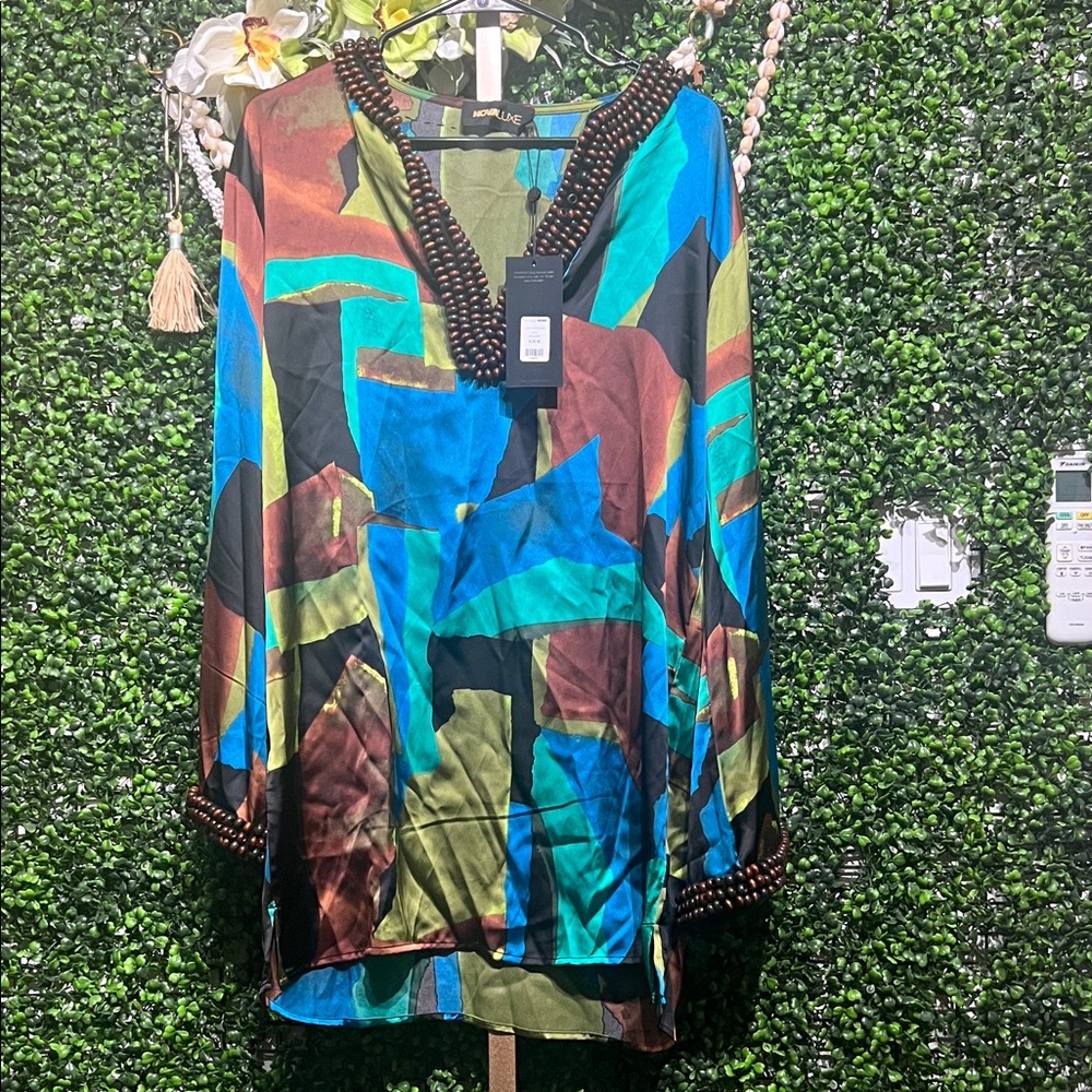 Nova Luxe Dylan Satin Kaftan Mini Dress - Blue/combo size Medium Beaded - Picture 9 of 14